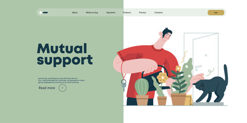 Mutual Support: Look after neighbor's house -modern flat vector concept illustration of man watering plants, looking after neighbors' cat A metaphor of voluntary, collaborative exchanges of services - obrazy, fototapety, plakaty
