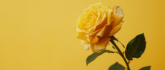 Yellow Rose flower on minimalist yellow background. Delicate petals, thorns, powerful symbol of beauty, enduring love and resilience. Mother's Day, Valentine's Day and wedding concept.