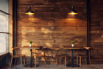 Tables in a restaurant mostly made of wood
 - obrazy, fototapety, plakaty