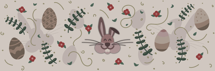 Seamless easter pattern in brown colors, featuring a smiling easter bunny, eggs and spring flowers. High quality printable.