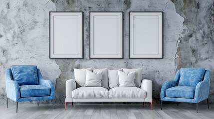 Living space featuring a white sofa and blue armchair, accentuated by blank posters on the wall