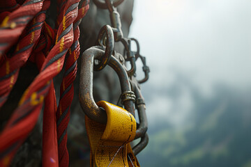 Climbing carabiners with ropes attached in the rock in the mountains, safe climbing in the mountains, selective focus
 - obrazy, fototapety, plakaty