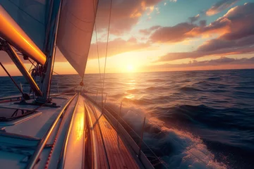 Schilderijen op glas A yacht or boat sailing on the sea or ocean towards the sunset  © Ivan