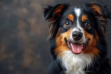 Fototapeta premium Close-up portrait of a happy Australian Shepherd with a vibrant, detailed fur pattern and a joyful expression
