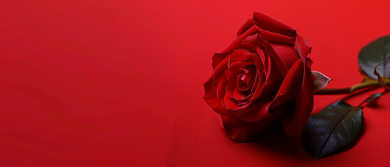 Red Rose flower on minimalist red background. Delicate petals, thorns, powerful symbol of beauty, enduring love and resilience. Mother's Day, Valentine's Day and wedding concept.