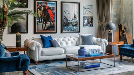 Living room furnished with a white sofa and blue armchair, accentuated by captivating posters on the walls