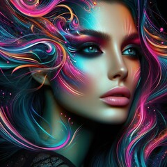 Fashion model woman face with fantasy art make-up. Bold makeup, glance Fashion art portrait, incorporating neon colors. Advertising design for cosmetics, beauty salon.
