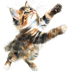Playful Kitten Reaching Up in Watercolor Illustration