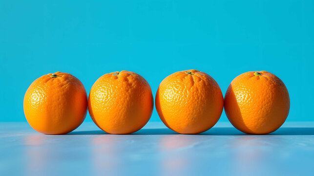 Three oranges in a row on blue background. 3d rendering. Generative AI