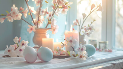 Easter decoration, decorated eggs and candles, soft pastel style
