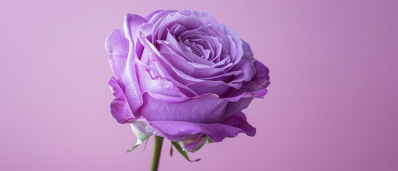 Purple Rose flower on minimalist purple background. Delicate petals, thorns, powerful symbol of beauty, enduring love and resilience. Mother's Day, Valentine's Day and wedding concept.