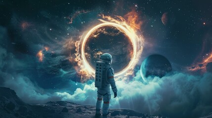 Astronaut in a suit visiting a remote exoplanet in the universe in high resolution and high quality. astronomy concept, planets