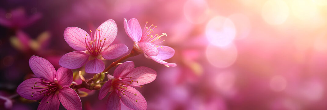 Pink blossom banner with free space for text. Spring wallpaper