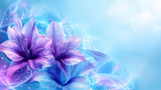 Violet Lilium on blue background with copy space. Floral wallpaper