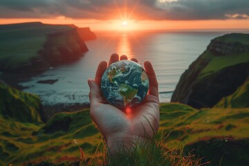 Inspiring image of a hand lifting a globe against a majestic cliffside sunrise, evoking hope and adventure - obrazy, fototapety, plakaty