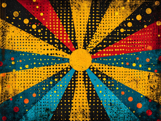 Pop art dots in shades of yellow and orange forming a sunburst pattern on a dark background,...