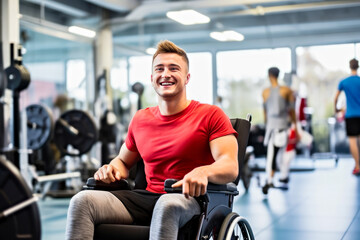 Fototapeta na wymiar A young adult Caucasian white man bodybuilder, athlete with smile in a wheelchair navigates a gym tailored for adaptive training. Concept of inclusive fitness for people with disability. Horizontal