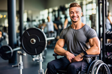 Fototapeta na wymiar Man bodybuilder, athlete with smile sits in wheelchair in gym. Weightlifting equipment in the background. Concept of accessibility environment for people with disabilities in inclusive fitness spaces