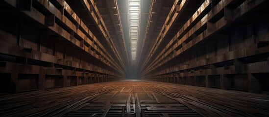 A very large room filled with wooden shelves showcasing hot rolled steel plates alongside dunnage used for separation. The cargo hold of a bulk carrier is organized and spacious, with numerous shelves - obrazy, fototapety, plakaty