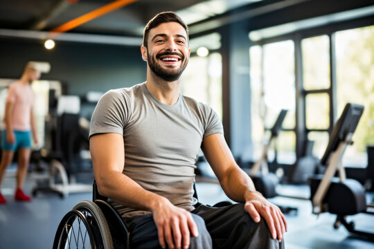 A smiling man in a wheelchair enjoys the atmosphere in a gym. Concept of adaptive fitness, positive environment for people with disabilities. Accessibility environment in inclusive fitness spaces - Powered by Adobe