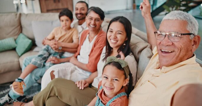 Funny face, smile or big family in a selfie with happy kids on sofa to relax on social media in home. Hug, love or dad taking a fun picture or photograph with mom, grandparents or children siblings