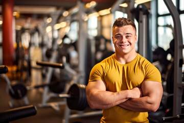 Fototapeta na wymiar Smiling athlete bodybuilder man with Down syndrome, displaying muscular build stands in the gym. Concept of health, inclusivity fitness, adaptive workouts for people with disabilities. Copy space