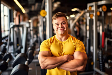 A man with Down syndrome, confidently showcasing his athletic physique in a gym, is a powerful...
