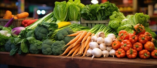 A variety of fresh carrots and cabbage are arranged on a table at a market stand, alongside other vegetables. The colorful display showcases the vibrant hues of the produce.