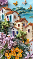Quaint European Village Scene, Vibrant Paper Craft Illustration