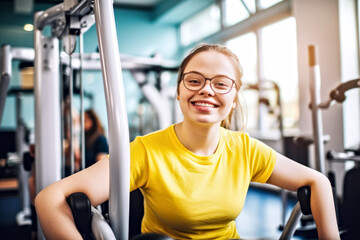 Fototapeta na wymiar A young woman with Down syndrome in yellow tee, exudes joy while training, using gym equipment. Concept of diversity, inclusivity in fitness and sports for people with disabilities
