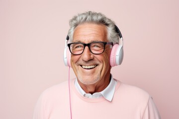 Happy senior man listening to music with headphones. Isolated on pink background.