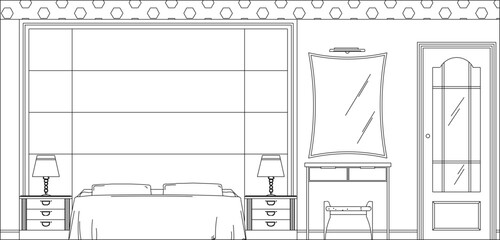 Vector sketch design illustration detailed architectural drawing of bedroom interior 