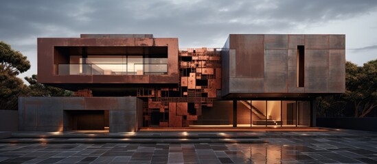 The building in the image features a modern design with a plethora of windows covering its facade. The windows are highlighted against rusty exteriors, creating a unique and striking contrast.