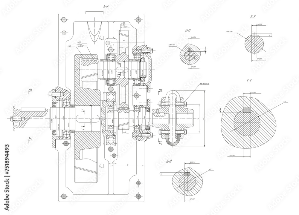 Wall mural assembly drawing of reducer. vector drawing of steel mechanical device with shaft, gear, bolted conn