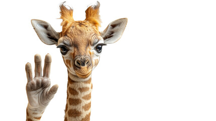 Adorable giraffe calf looking straight ahead giving a peace sign with a smile, digital artwork