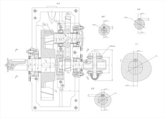 Assembly drawing of reducer.
Vector drawing of steel mechanical device with shaft, gear, 
bolted connection and dimension lines.
Engineering cad scheme. Technical template. Cross section.