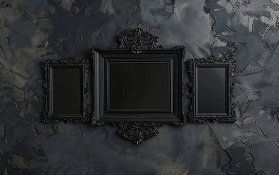 Empty black frame photo on dark wall background. Mockup Halloween theme. copy text space.
