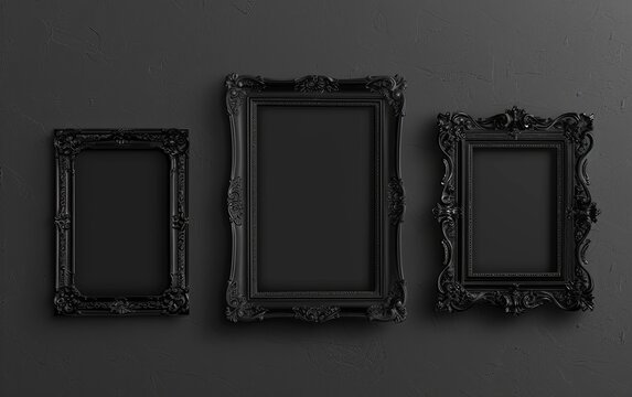 Empty black frame photo on dark wall background. Mockup Halloween theme. copy text space.