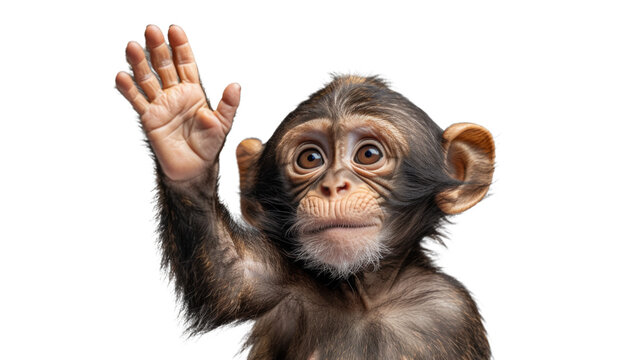 Monkey with large ears waving hello, its face obscured, focus on hand gesture and details