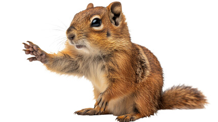 A chipmunk in full detail with cheeks stuffed, outstretched paws as if gesturing or asking, over a white backdrop