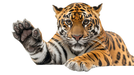Majestic and powerful tiger lying down with a raised paw as if reaching out to touch, set against a studio white background