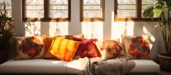 A white couch sits adorned with a bunch of pillows, bringing warmth and comfort to the room. The sunlight enhances the ambiance with a cozy atmosphere.