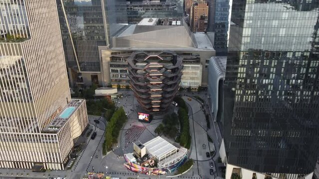 Aerial video of a structure as part of the Hudson Yards redevelopment project in Manhattan, New York