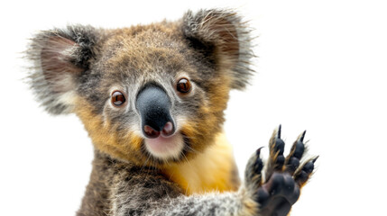 Heartwarming image of a koala with a friendly gesture, fluffy ears, and big eyes that exude warmth and friendliness