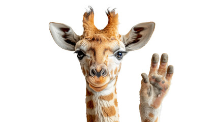 Playful image of a giraffe with a human hand raised showing a peace sign against a white background