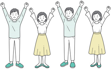 両手でガッツポーズをする成人男女
