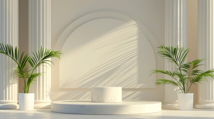 beautiful white Greek style columns with palm trees for daytime decoration in high resolution - obrazy, fototapety, plakaty