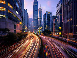 Fototapeta na wymiar A long exposure shot of city streets at twilight, capturing the streaks of light from passing cars and the vibrant energy of the urban nightlife against the backdrop of towering skyscrapers