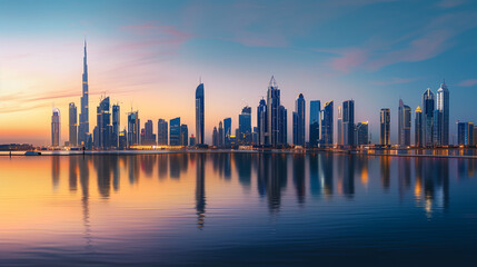 Naklejka premium A panoramic shot of the city skyline at sunset, with warm hues casting a golden glow over the buildings and reflecting off the water, capturing the beauty of the urban landscape as the day transitions