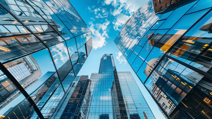 A photograph of city skyscrapers mirrored in the glass facade of another building, capturing the...